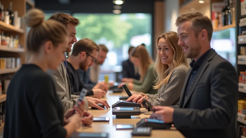 Gruppe von Menschen in modernem Geschäft nutzt digitale Bezahlmethoden