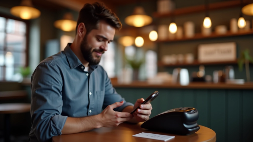 Person bezahlt mit Smartphone an einem modernen Zahlungsterminal in einem Café mit warmem Licht