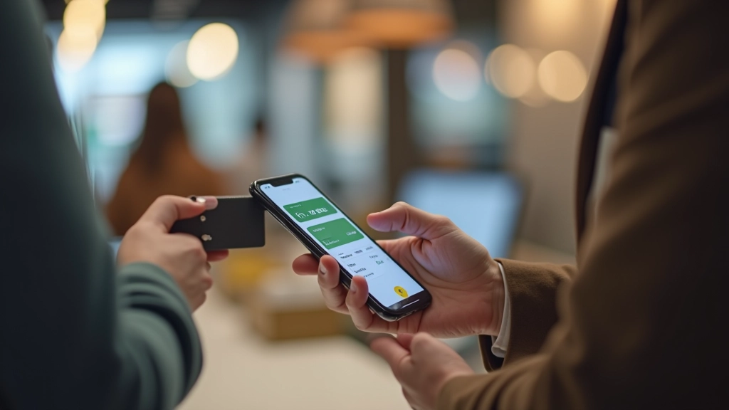 Smartphone mit mobiler Wallet-App zeigt digitale Bezahlung im Geschäft