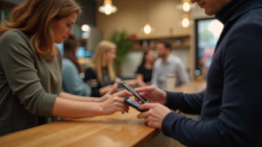 Person, die Smartphone zur Zahlung in einem Café nutzt, moderne digitale Transaktion